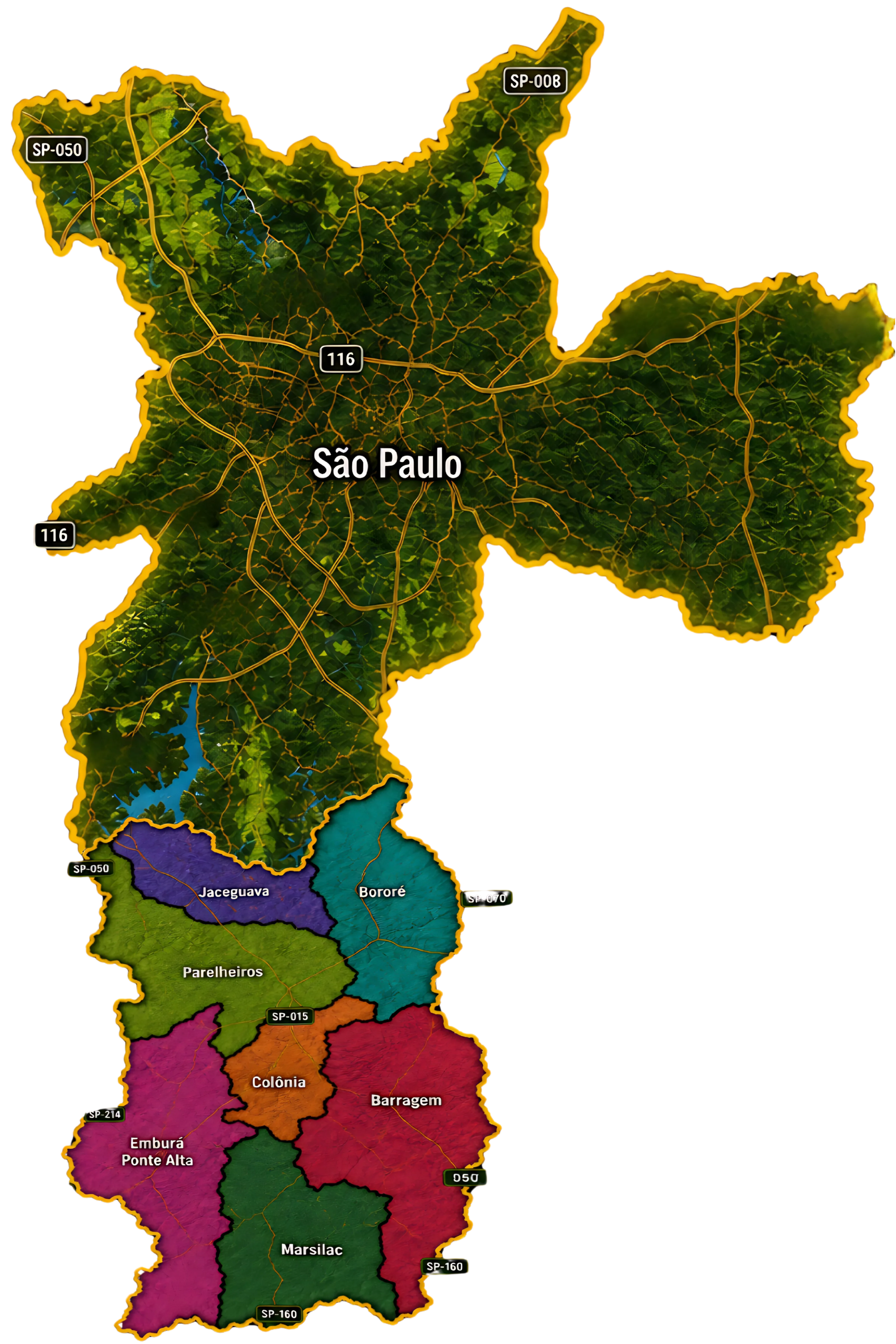 Mapa oficial do Polo de Ecoturismo de São Paulo com os sete circuitos